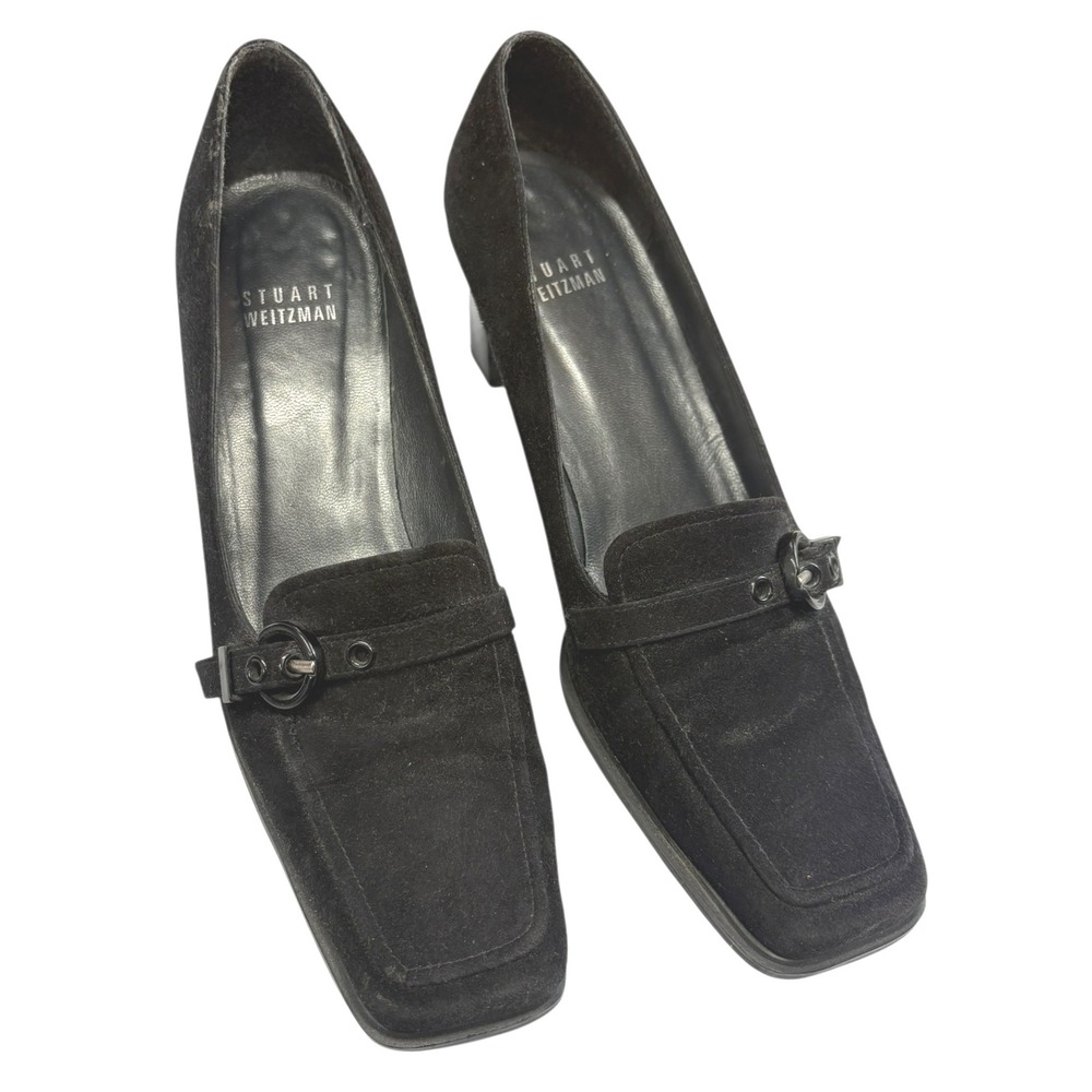 Stuart Weitzman Women's Black Suede‎ Leather Square Toe Heeled Loafers Retro 5.5